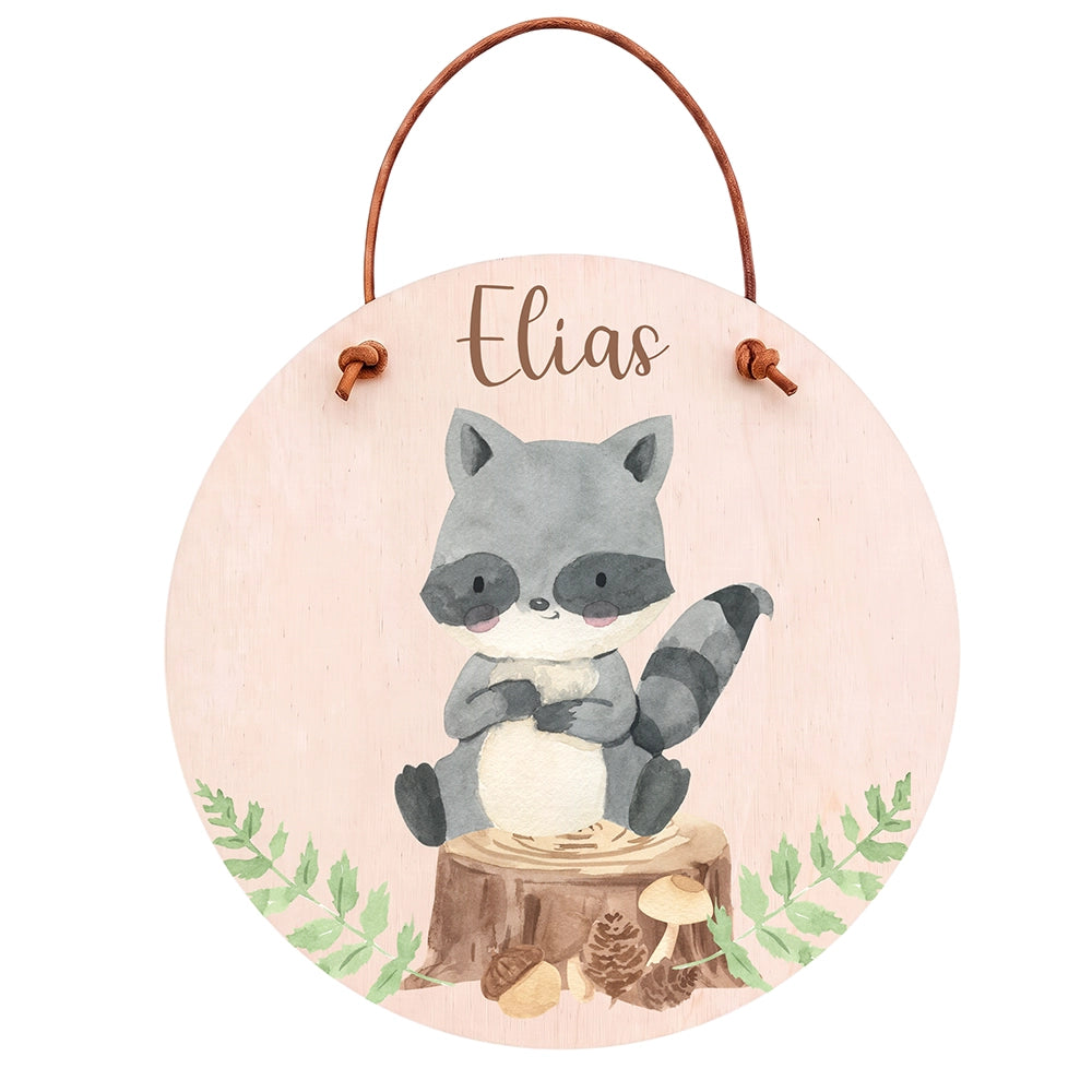 Türschild Kinderzimmer personalisiert mit Name Waschbär im Wald