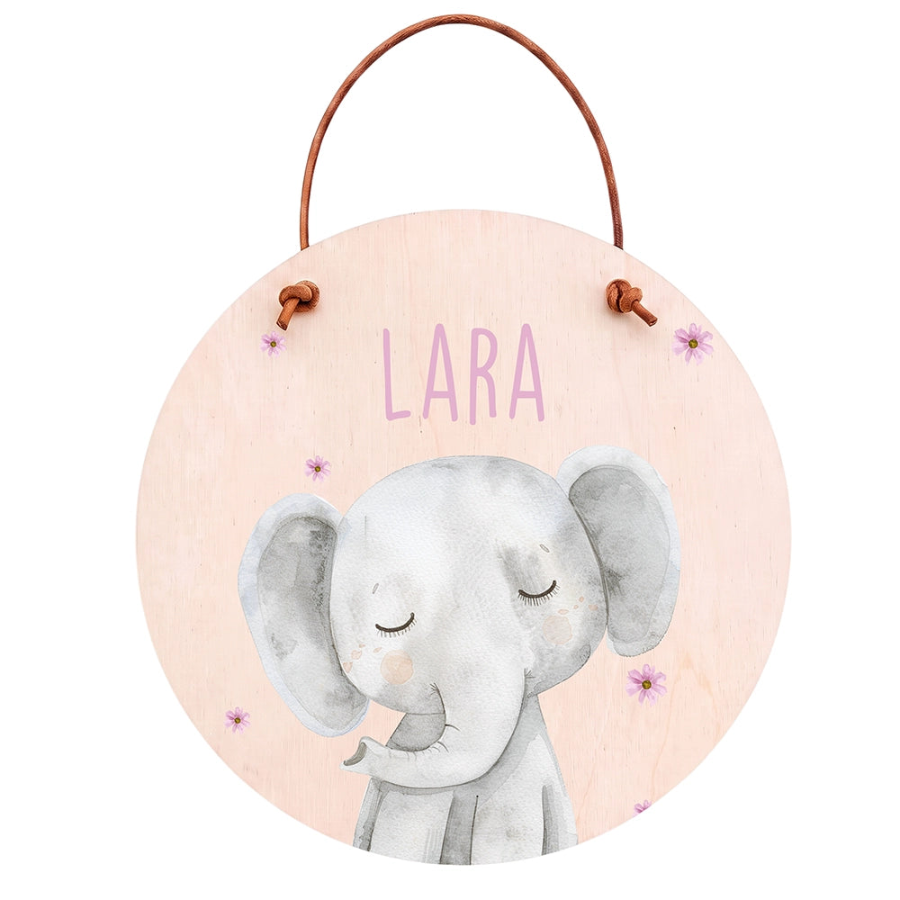 Türschild Kinderzimmer personalisiert mit Name Elefant mit Blüten