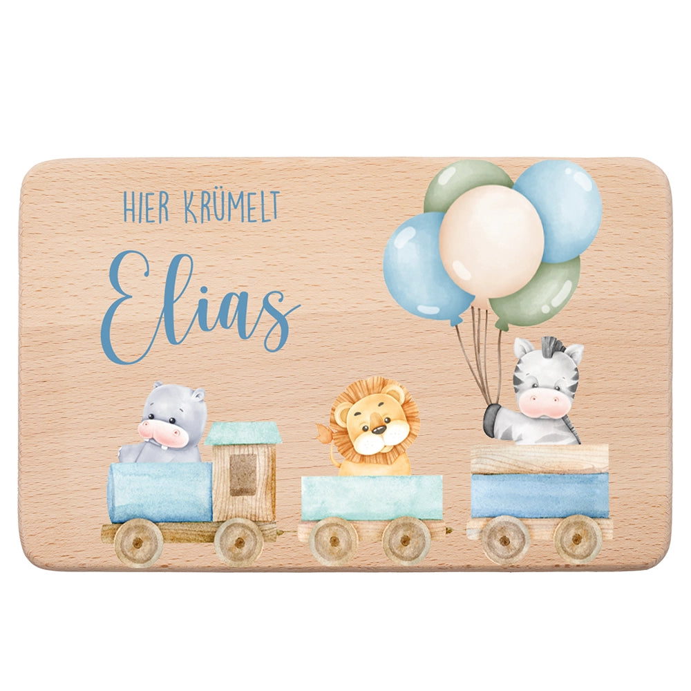 Frühstücksbrettchen Holz personalisiert Tiere Eisenbahn
