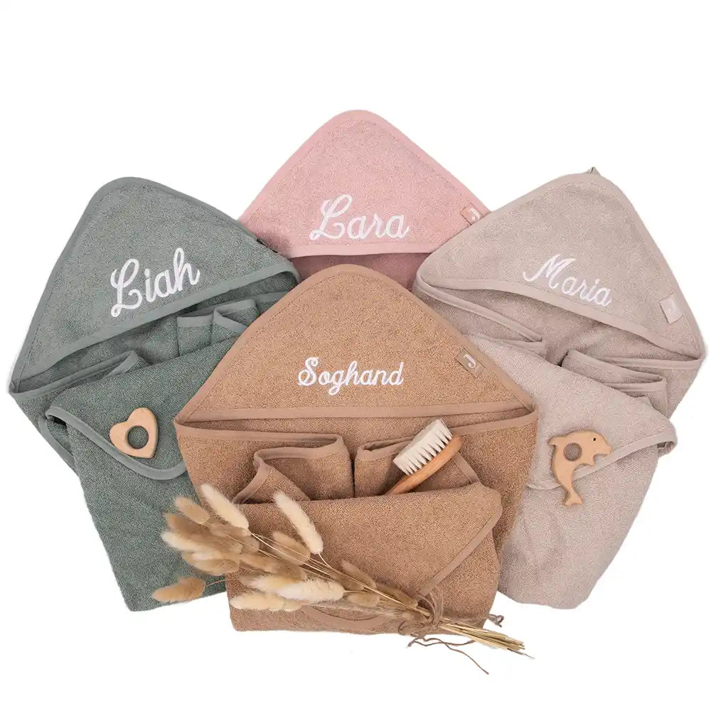 Kapuzenhandtuch Baby personalisiert – Biscuit mit Namen, weiches Frottee, Kapuze zum Einwickeln nach dem Baden