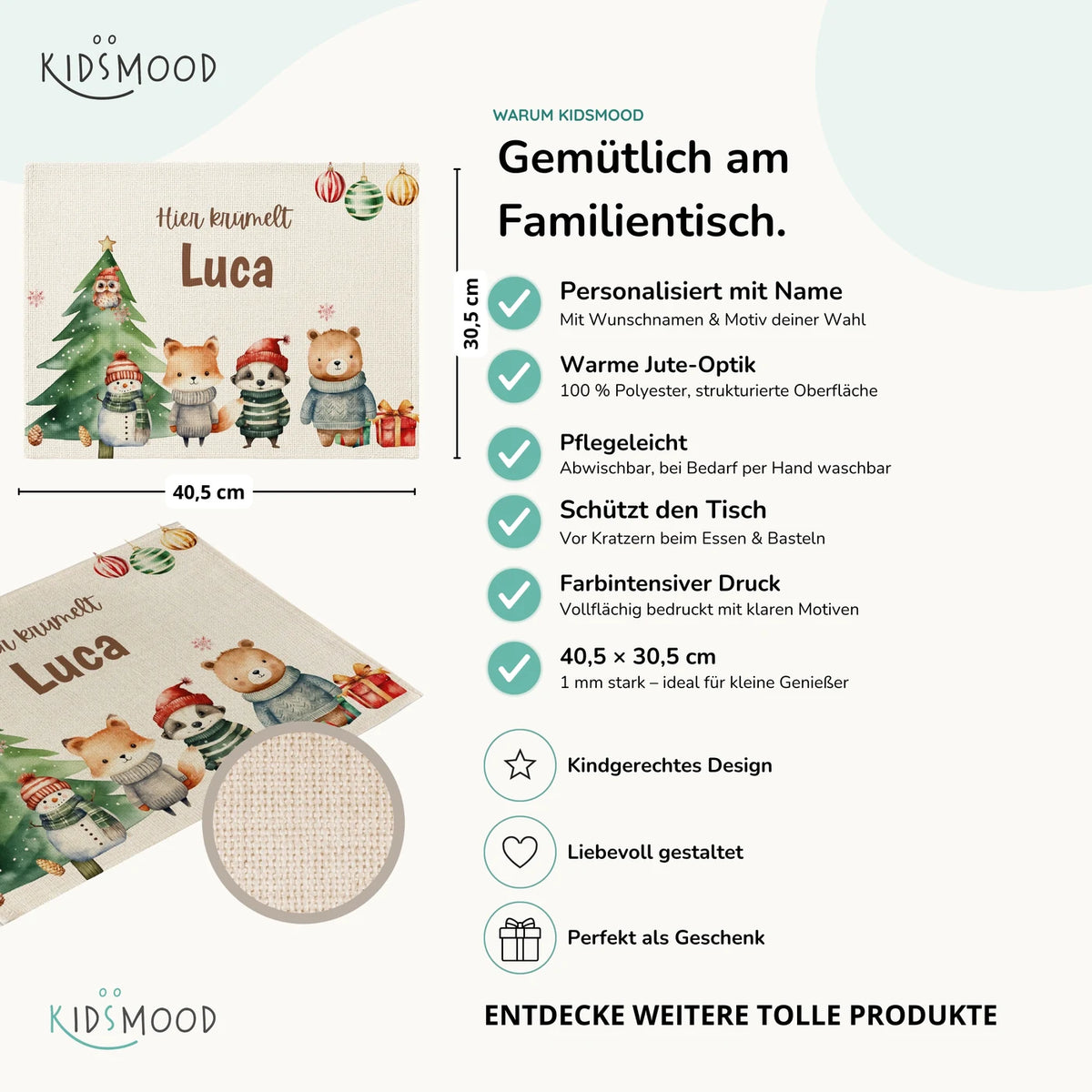 Tischset Kinder personalisiert Weihnachtsmotiv - Mini-Tierchen-Welt