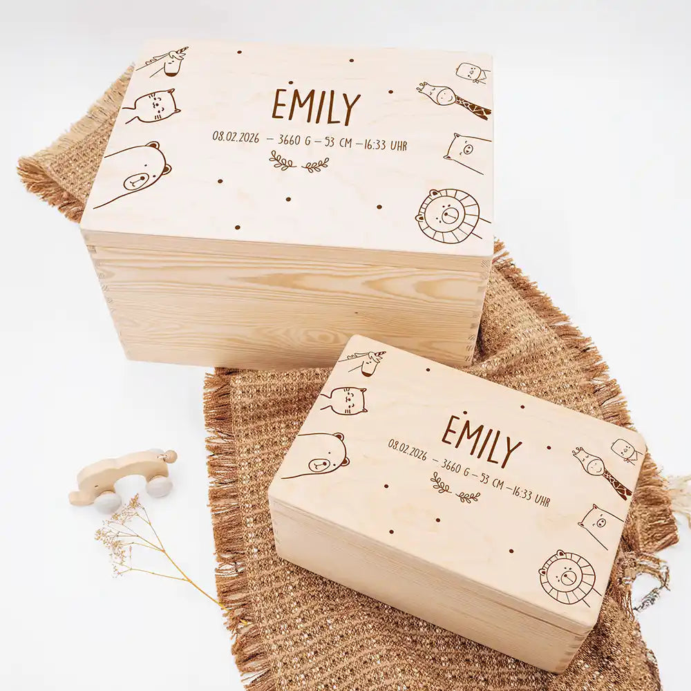 Erinnerungsbox Baby - fröhliche Tierfamilie