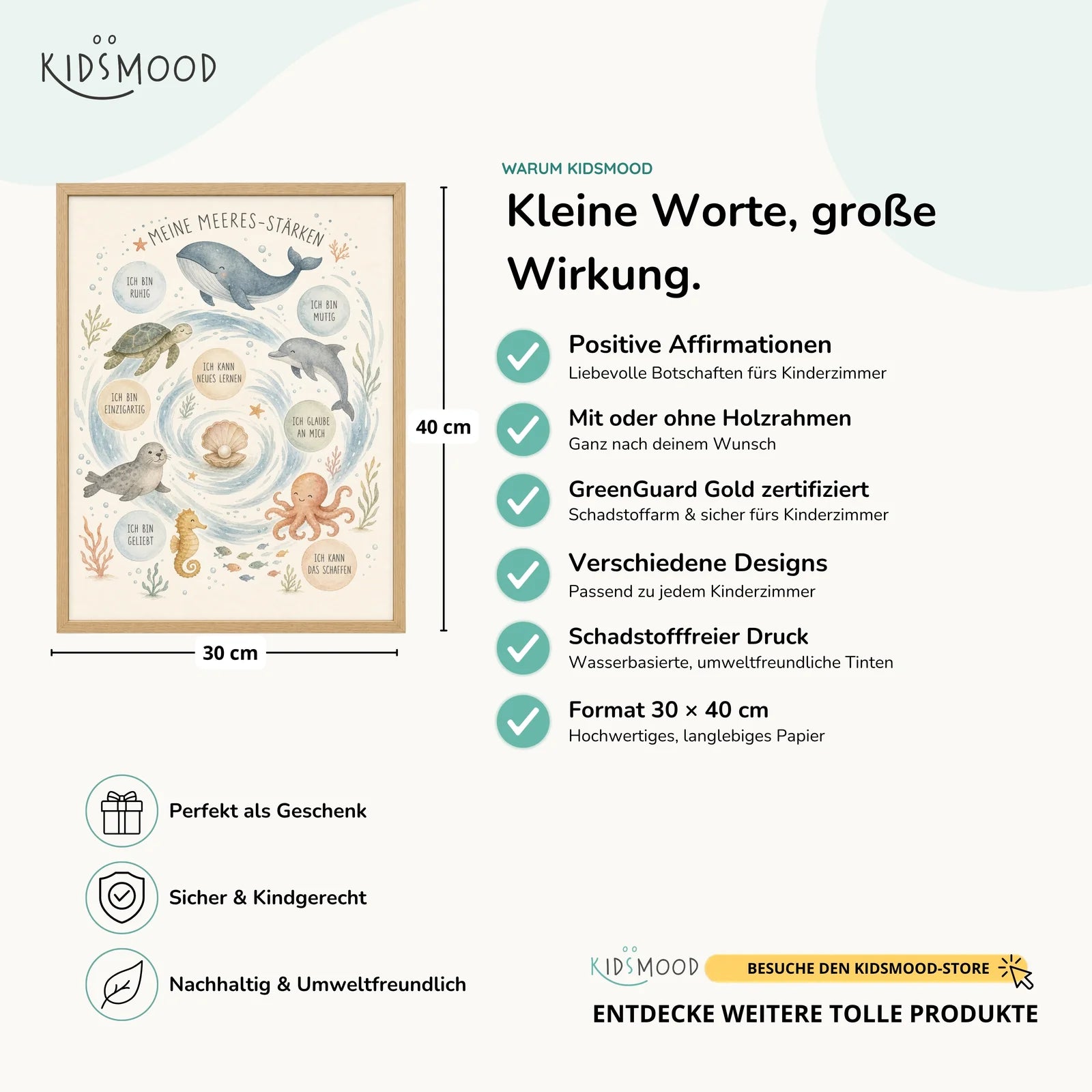 Affirmationsposter Kinderzimmer Meeres-StÀrken, Hauptbild im Holzrahmen, Format 30 x 40 cm