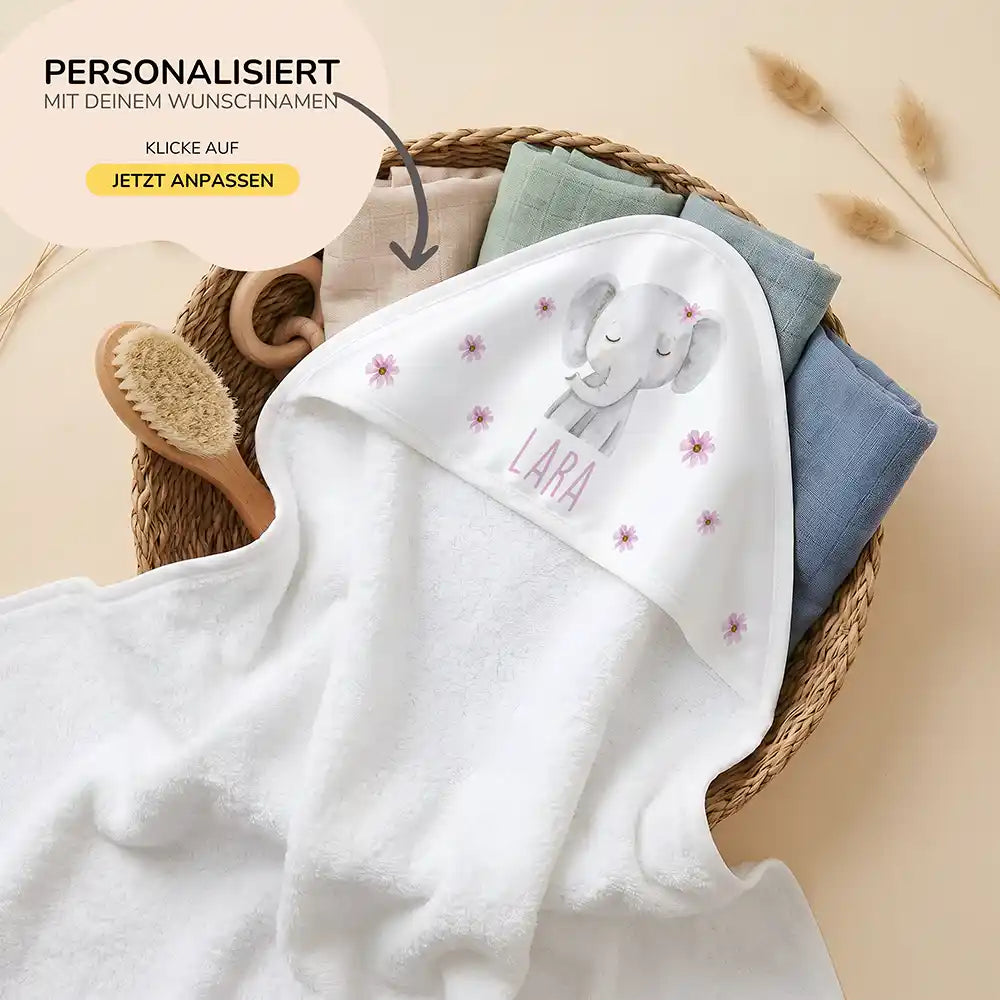 Personalisiertes Kapuzenhandtuch Baby Elefant BlĂŒten â 80Ă80 cm Frottee mit Wunschname