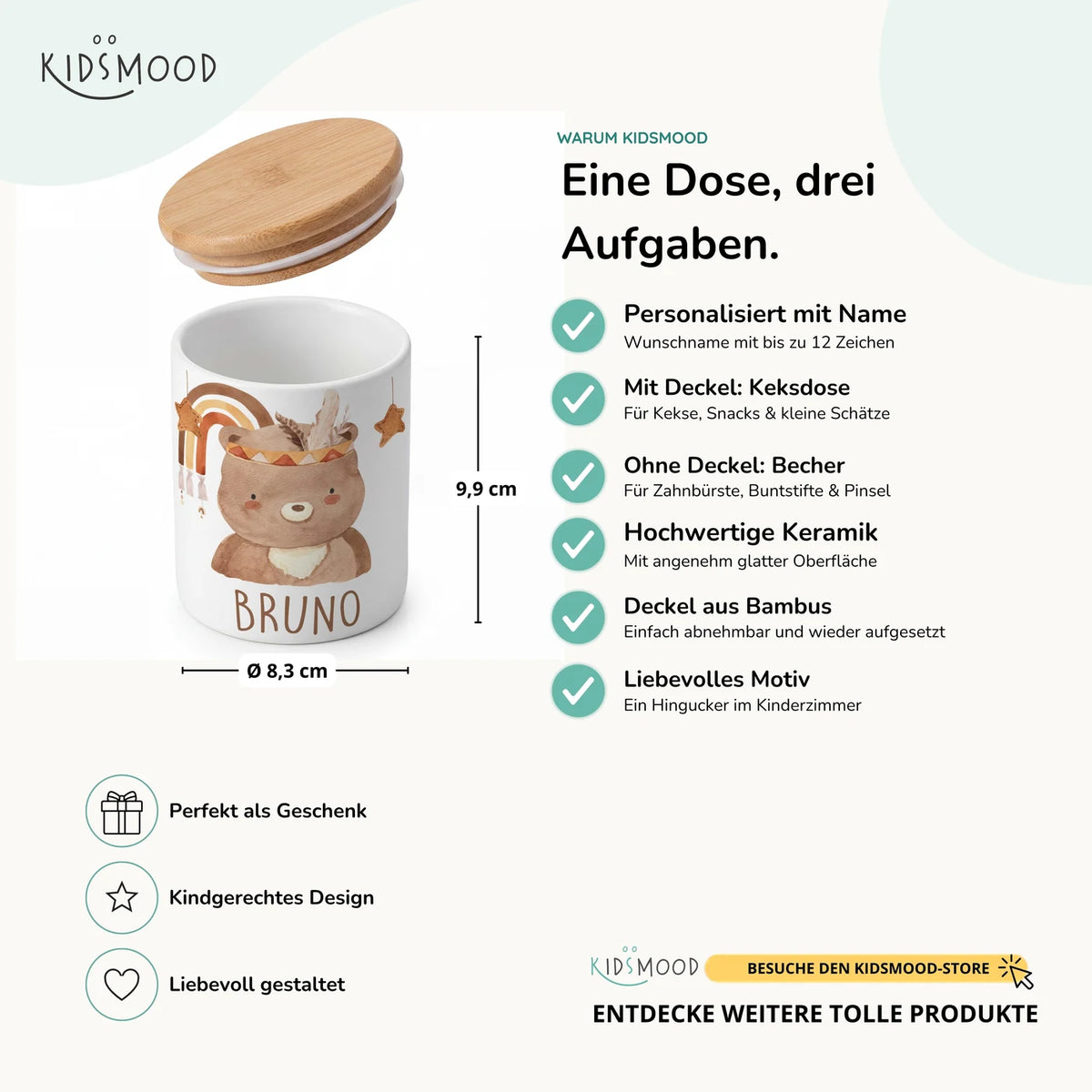 Personalisierte Keksdose Boho-BĂ€r â Keramik & Bambus mit Wunschname
