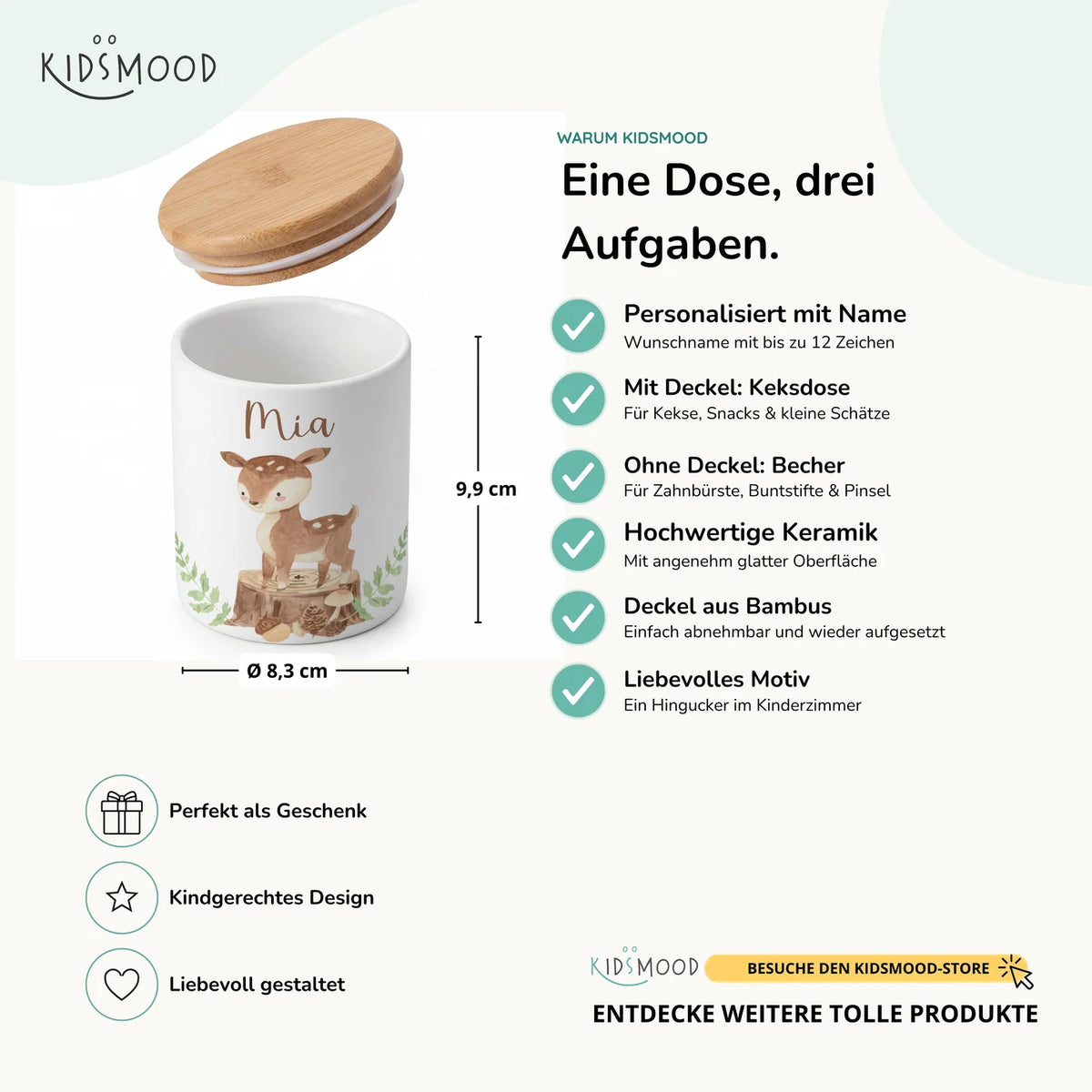 Personalisierte Keksdose Rehkitz Wald – Keramik & Bambus mit Wunschname