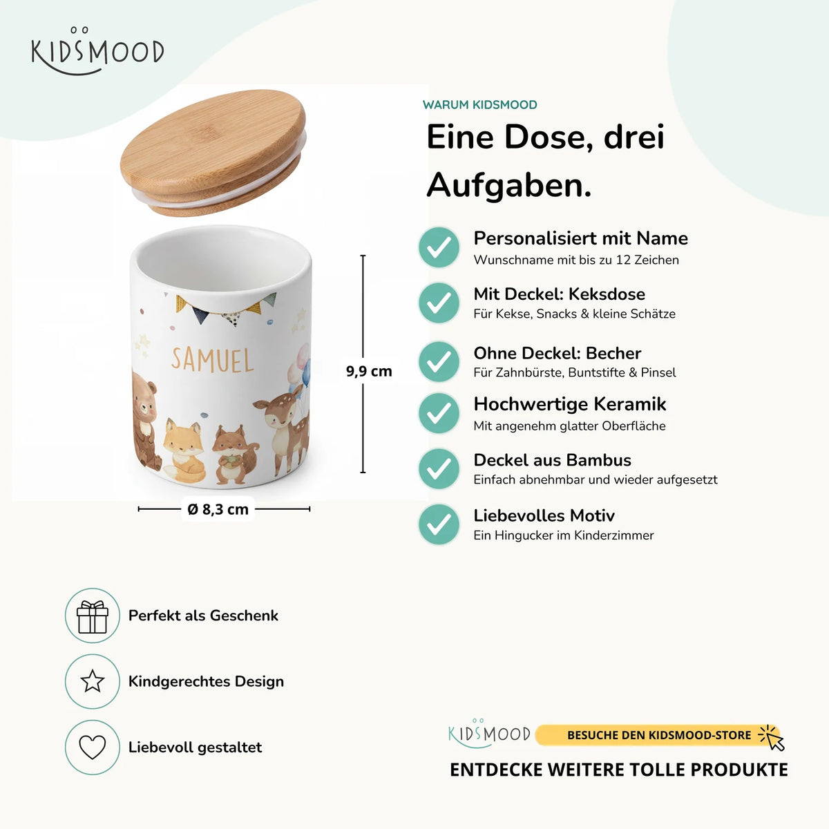 Personalisierte Keksdose Waldtiere Party – Keramik & Bambus mit Wunschname