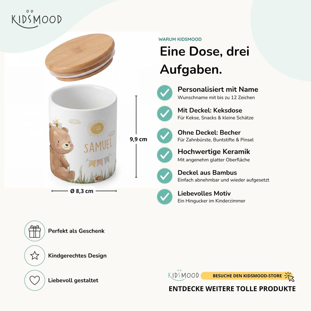 Personalisierte Keksdose BĂ€r Sommer â Keramik & Bambus mit Wunschname