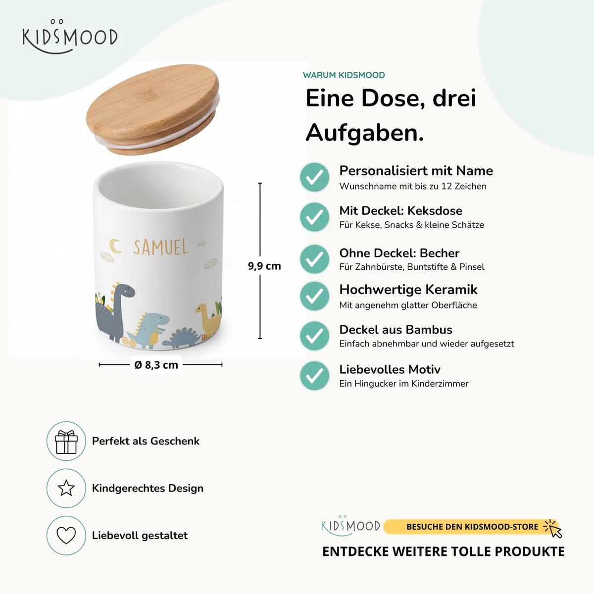 Personalisierte Keksdose Dinosaurier Mond – Keramik & Bambus mit Wunschname