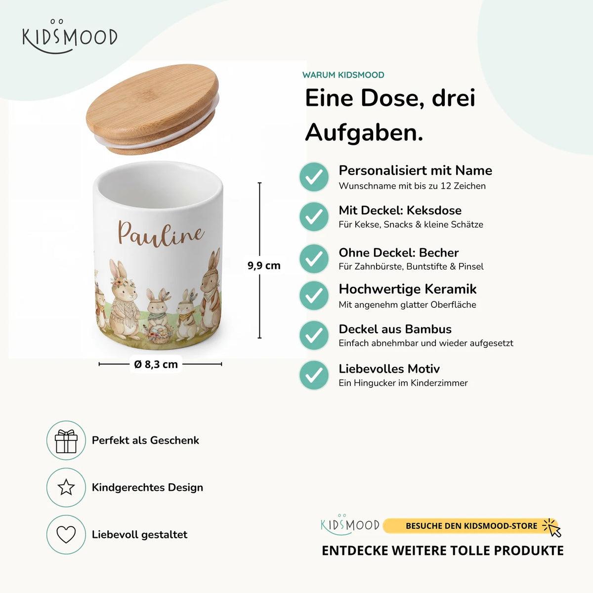 Personalisierte Keksdose Boho-Hasen – Keramik & Bambus mit Wunschname