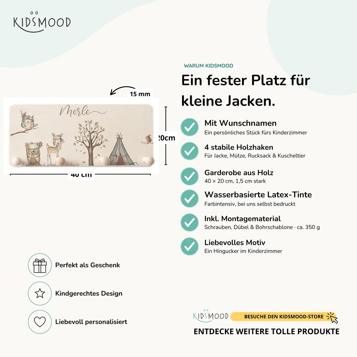 Kindergarderobe Holz personalisiert - Woodland