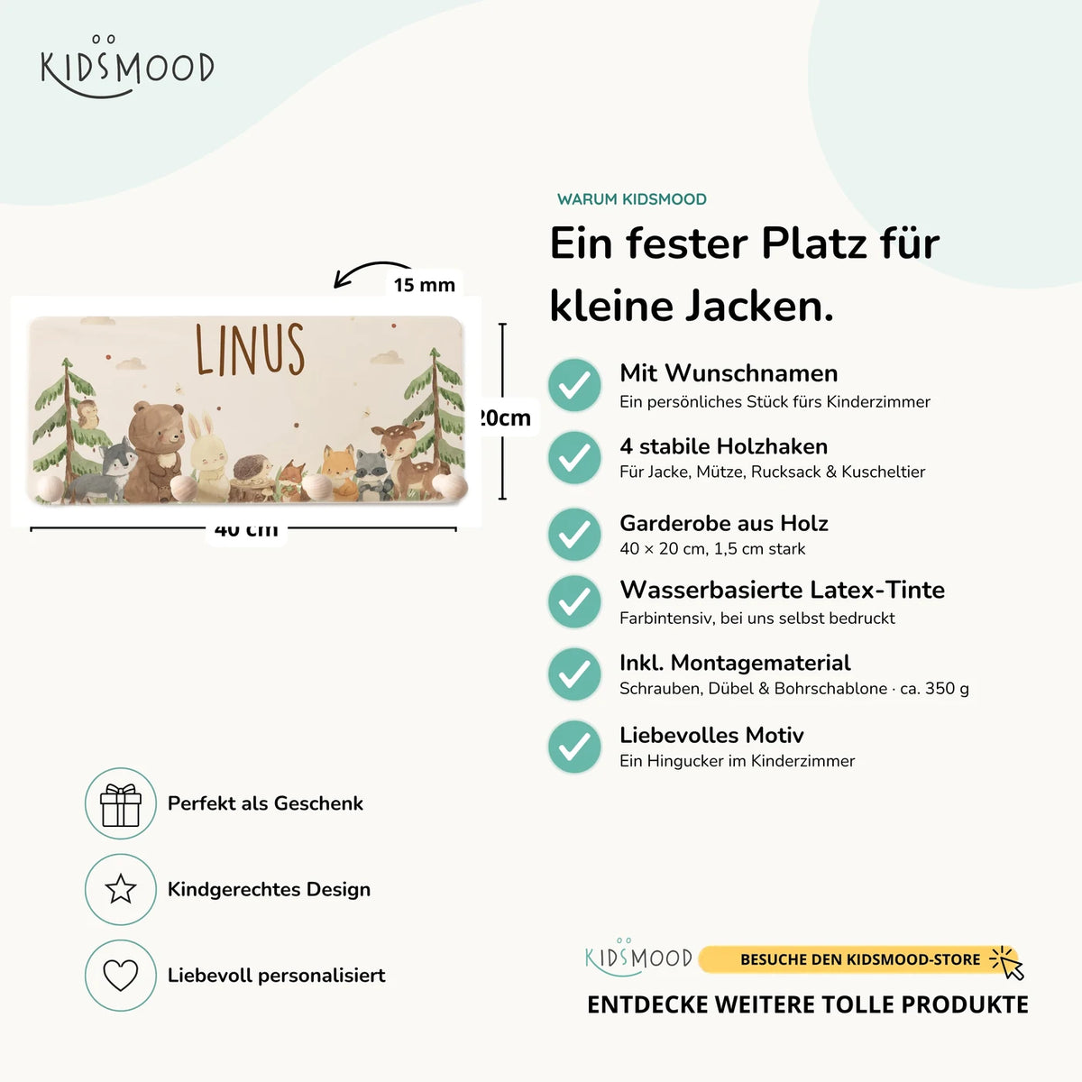 Kindergarderobe Holz personalisiert - Waldtiere