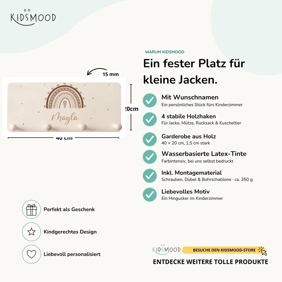 Kindergarderobe Holz personalisiert - Regenbogen Herz