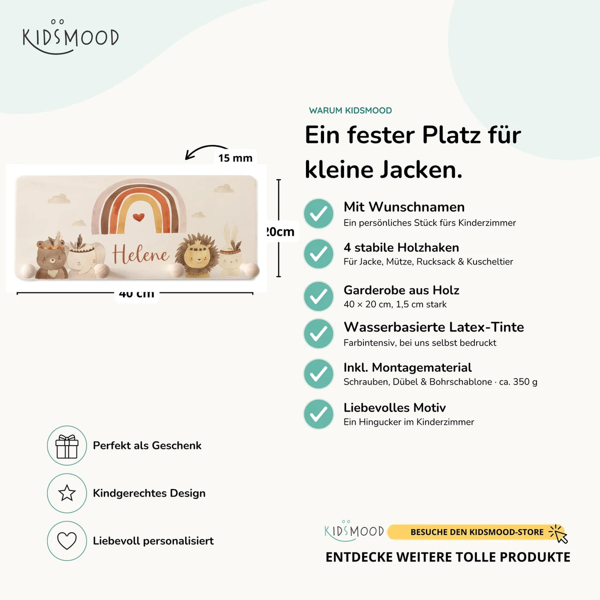 Kindergarderobe Holz personalisiert - Boho Regenbogen & Tiere