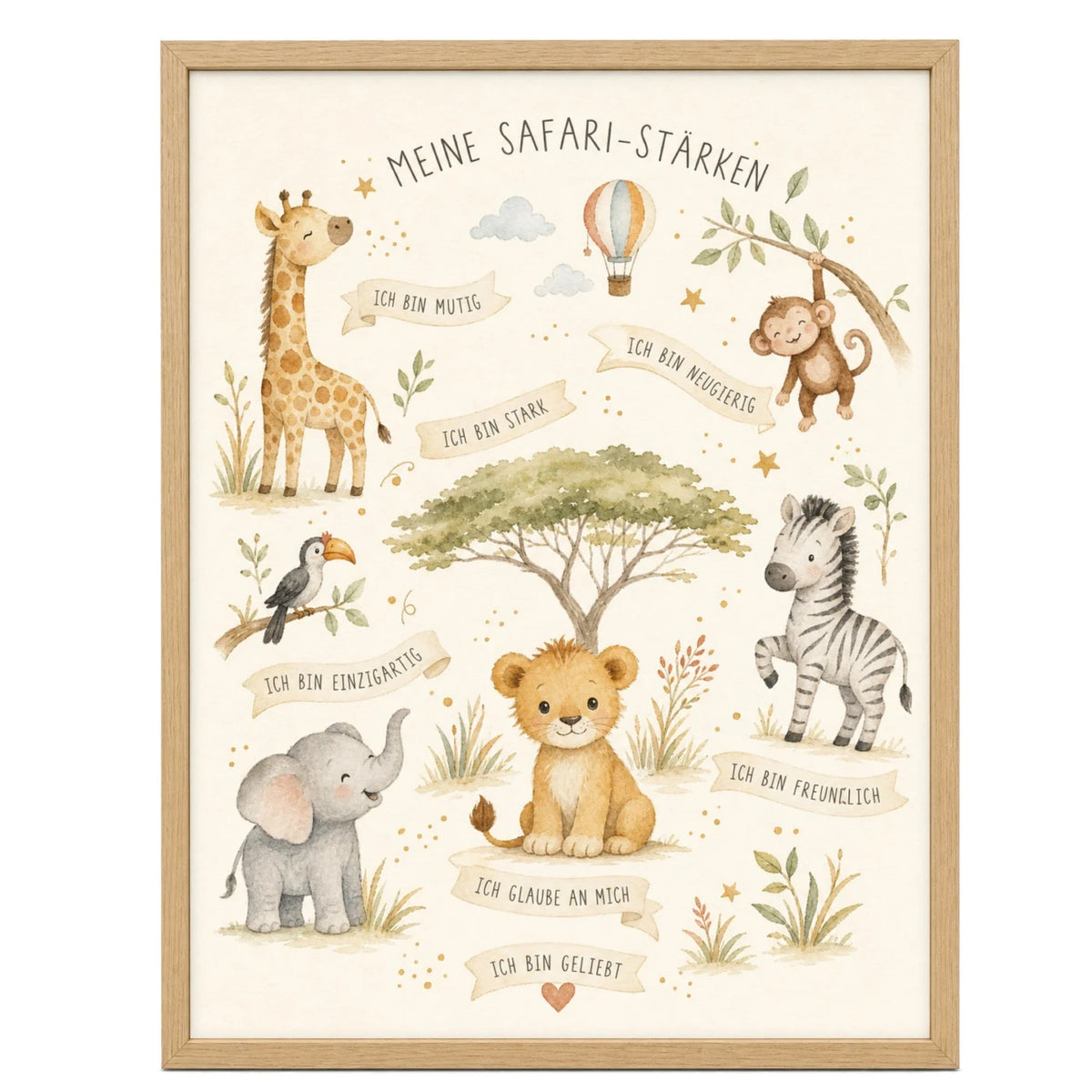Affirmationsposter „Safari-Stärken“ fürs Kinderzimmer – Kinderposter mit positiven Botschaften, 30 × 40 cm