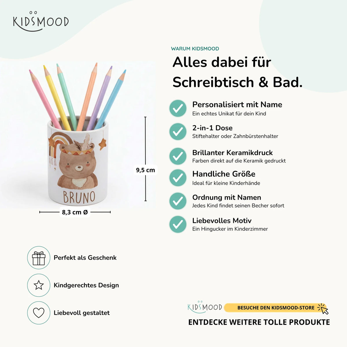 Personalisierter Stiftehalter Boho-BĂ€r â Keramik mit Wunschname