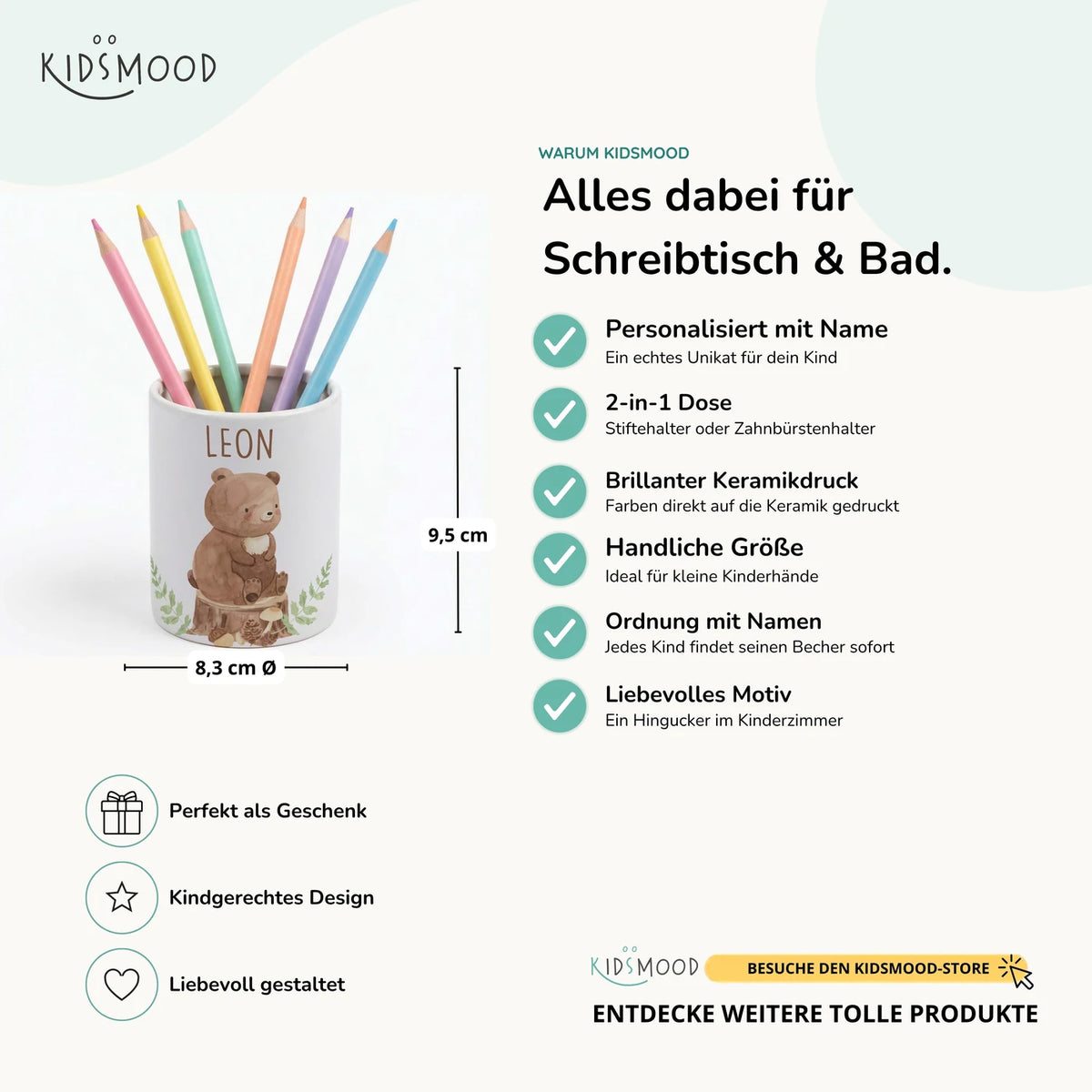 Personalisierter Stiftehalter BĂ€r Wald â Keramik mit Wunschname