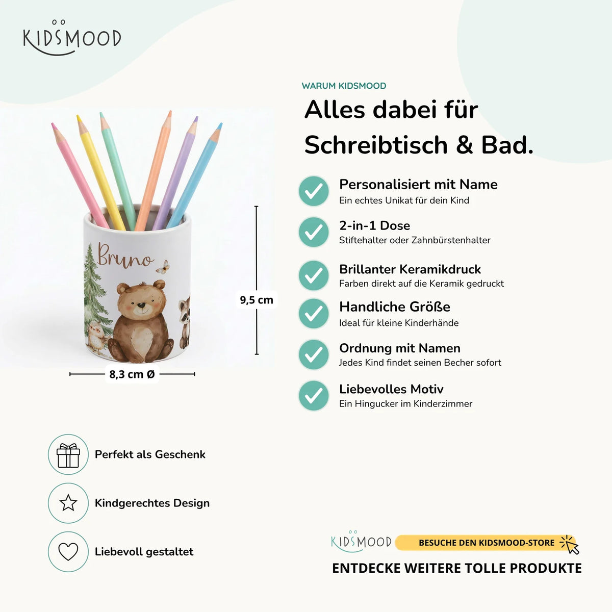 Personalisierter Stiftehalter BĂ€r & WaschbĂ€r â Keramik mit Wunschname