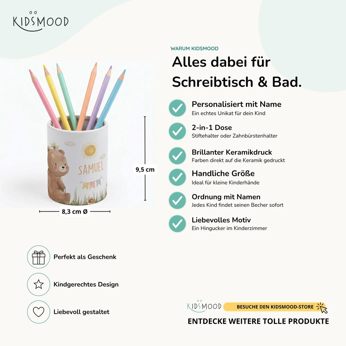 Personalisierter Stiftehalter BĂ€r Sommer â Keramik mit Wunschname