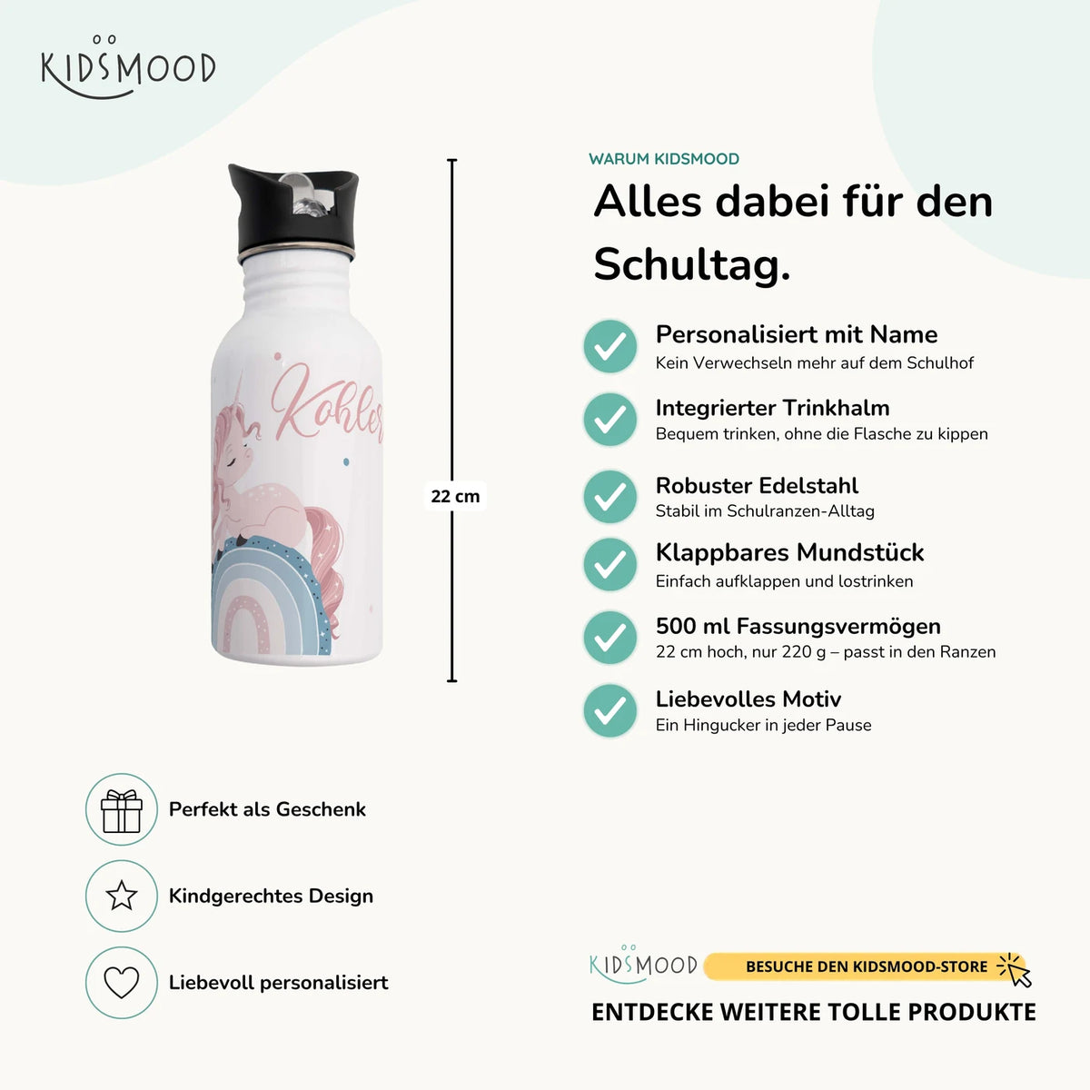 Trinkflasche Kinder Edelstahl - Regenbogen Einhorn