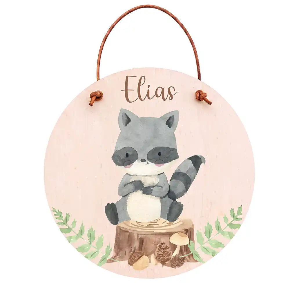 TĂŒrschild Kinderzimmer WaschbĂ€r im Wald, aus Echtholz, personalisiert mit Wunschname