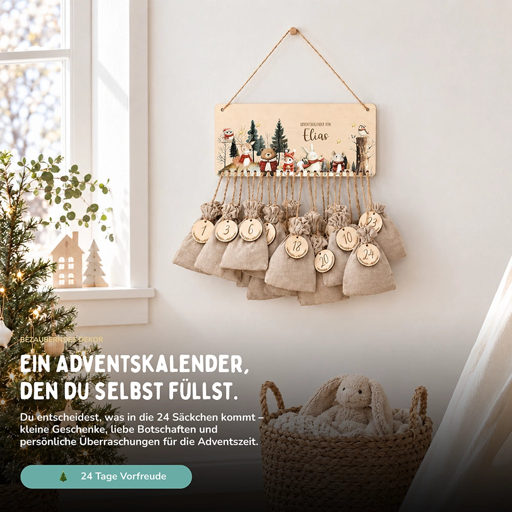 Personalisierbarer Adventskalender farbig - Frohe Tierfamilie