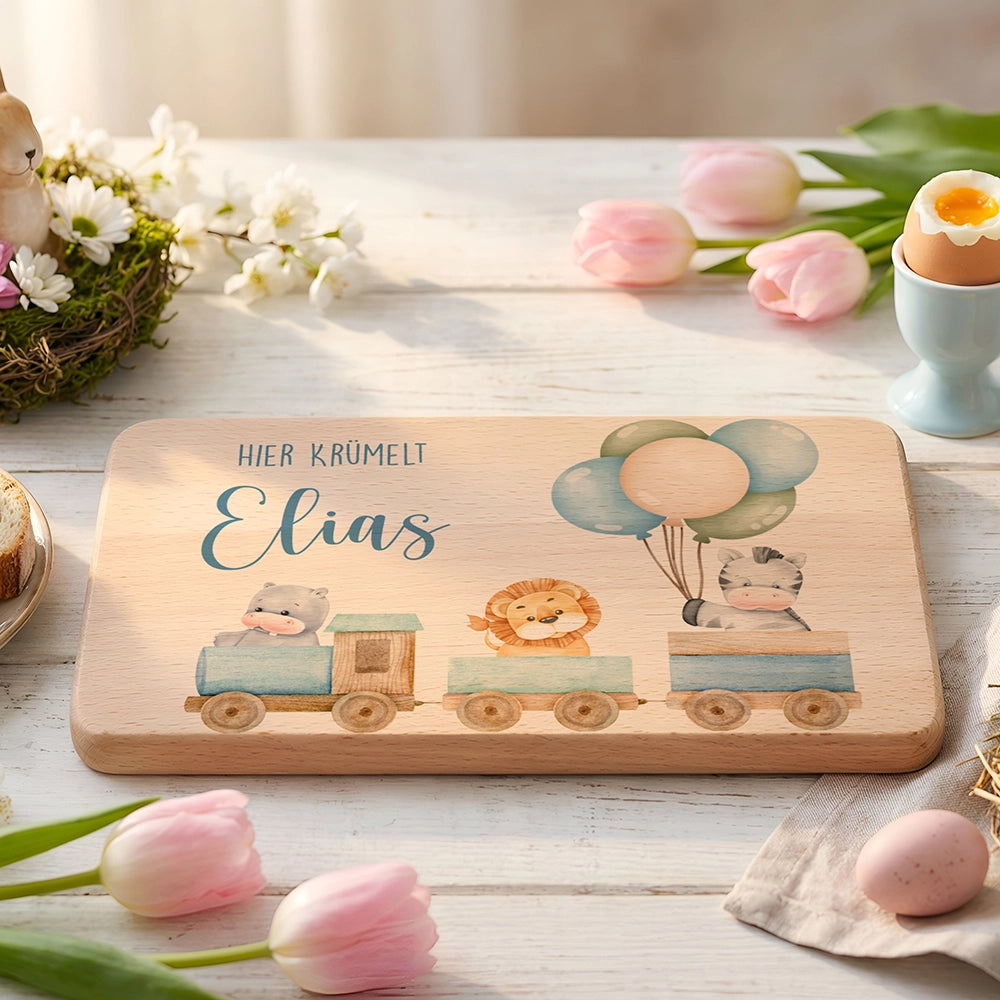 Frühstücksbrettchen Holz personalisiert Tiere Eisenbahn
