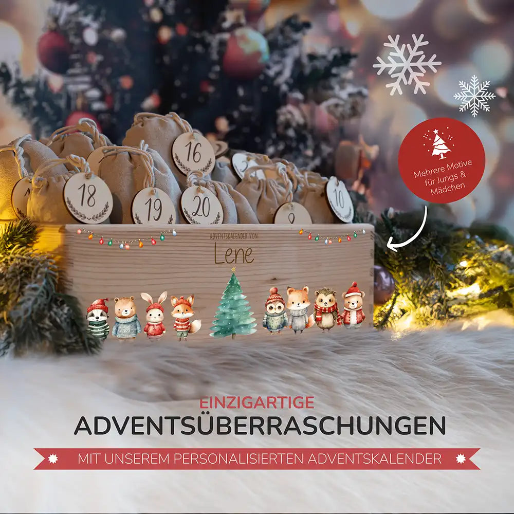 Adventskiste zum befüllen "Weihnachten mit Tieren und Lichterkette" personalisiert
