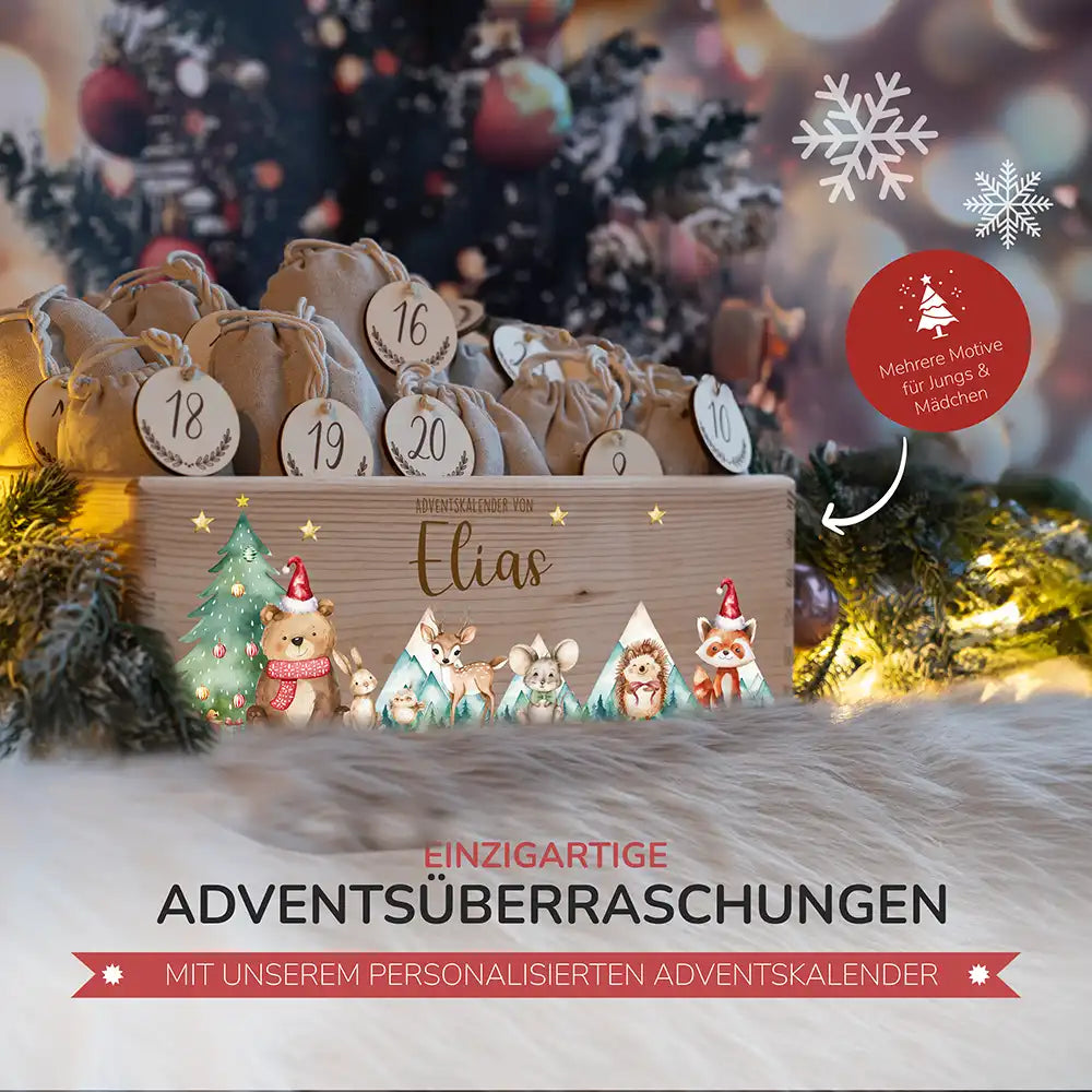 Adventskiste zum befüllen "Bär und Weihnachtsbaum" personalisiert