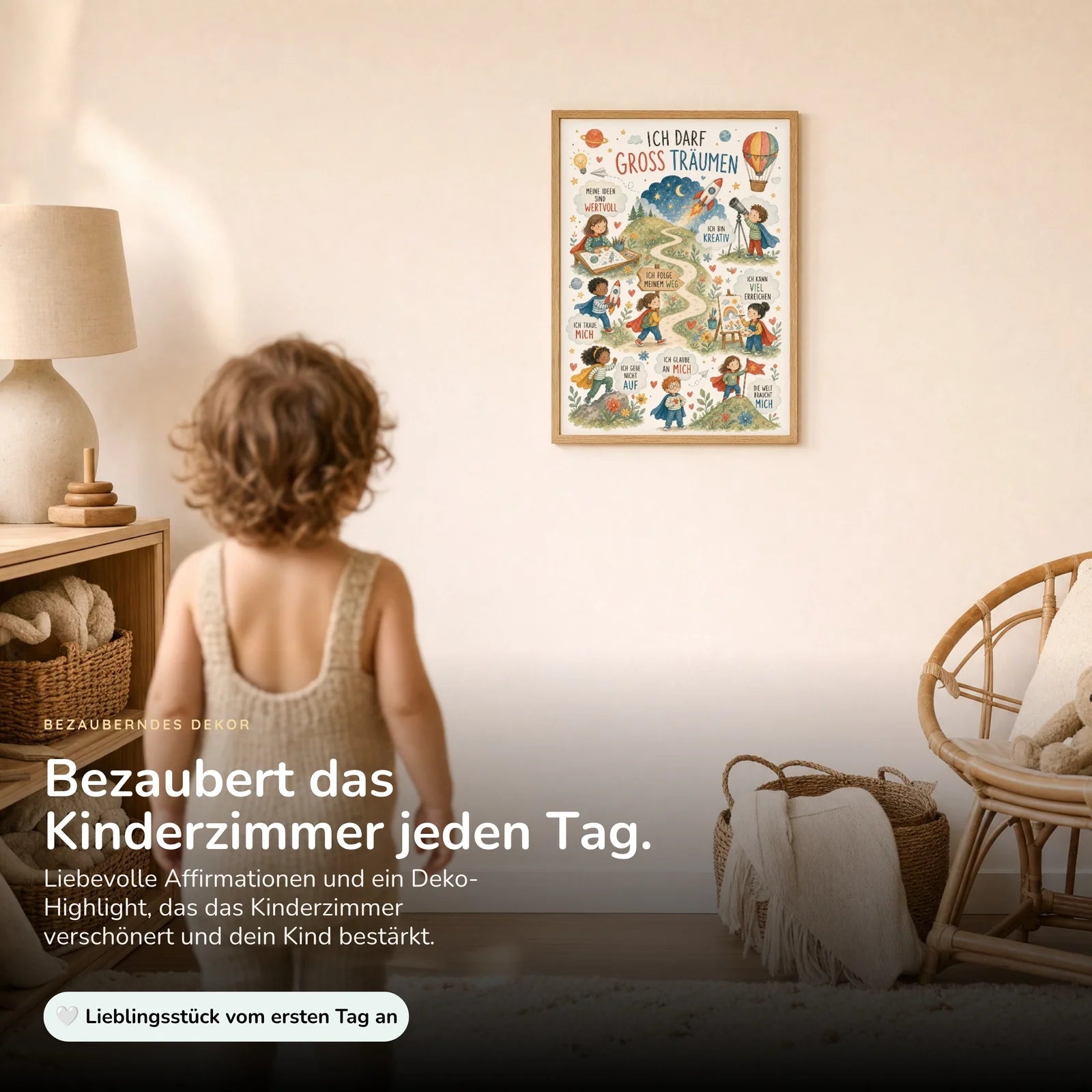 Affirmationsposter Kinderzimmer Wimmelbild Groß träumen, im Kinderzimmer an der Wand