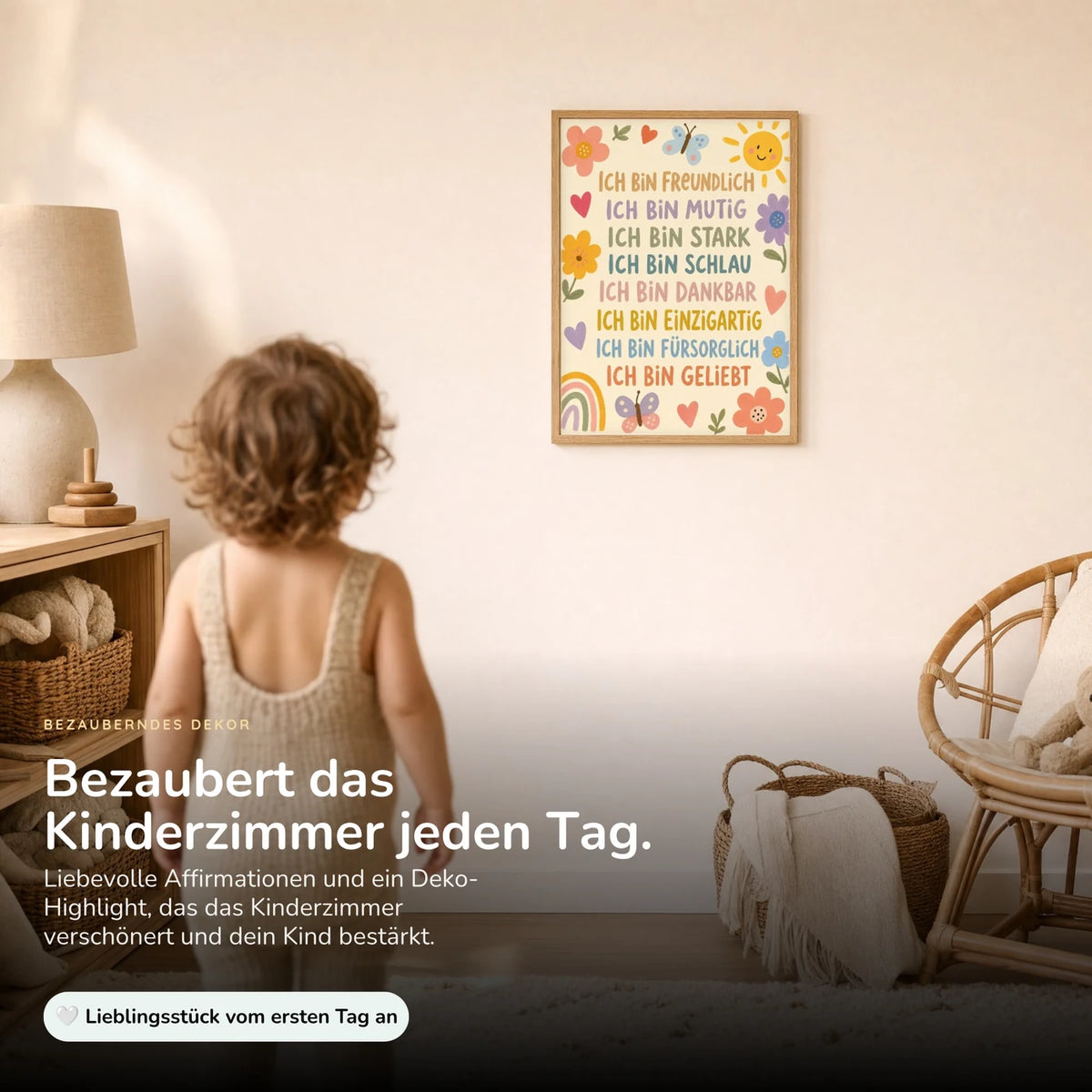 Kind vor dem Affirmationsposter „Blumenwiese Ich bin freundlich“ an der Wand – Bilder fürs Kinderzimmer