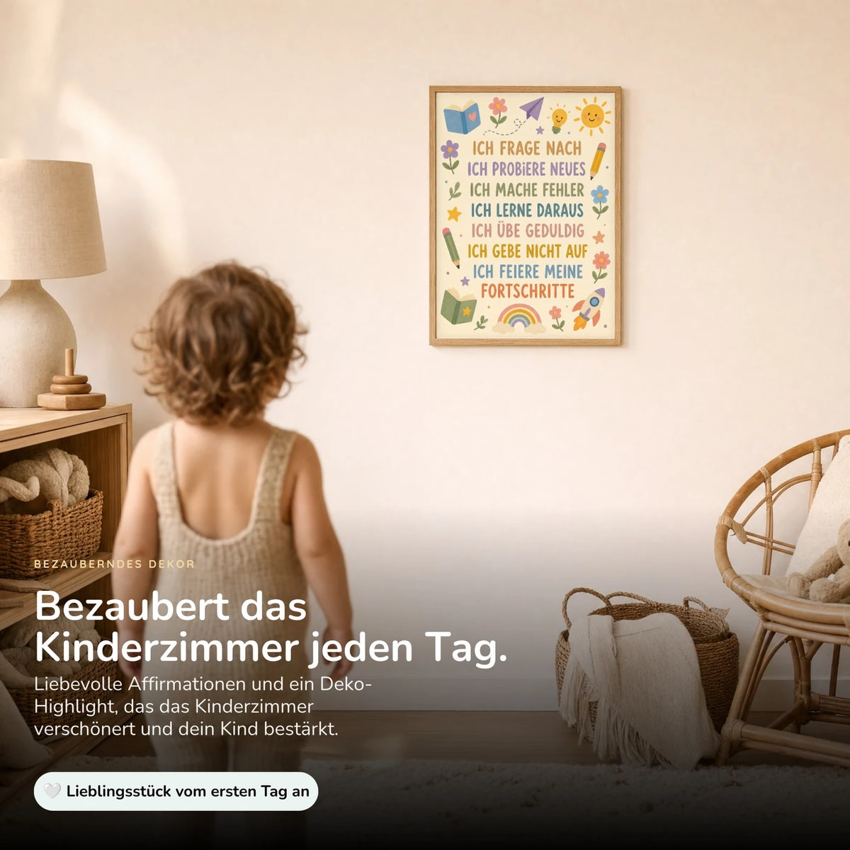 Kind vor dem Affirmationsposter „Blumenwiese Ich frage nach“ an der Wand – Bilder fürs Kinderzimmer