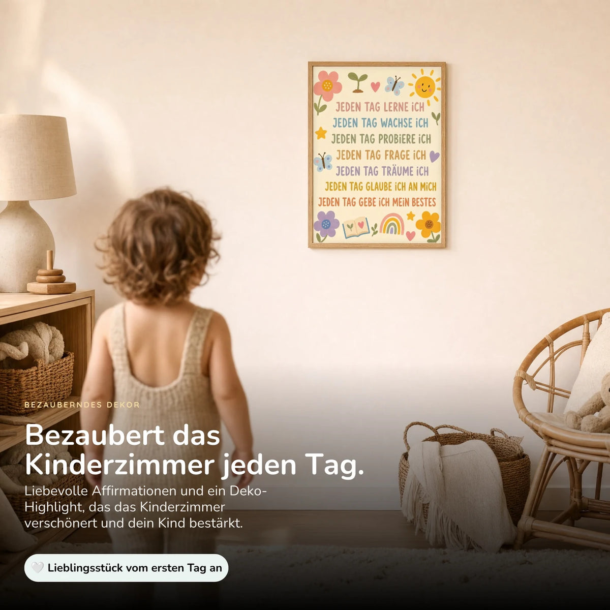 Kind vor dem Affirmationsposter „Blumenwiese Jeden Tag“ an der Wand – Bilder fürs Kinderzimmer