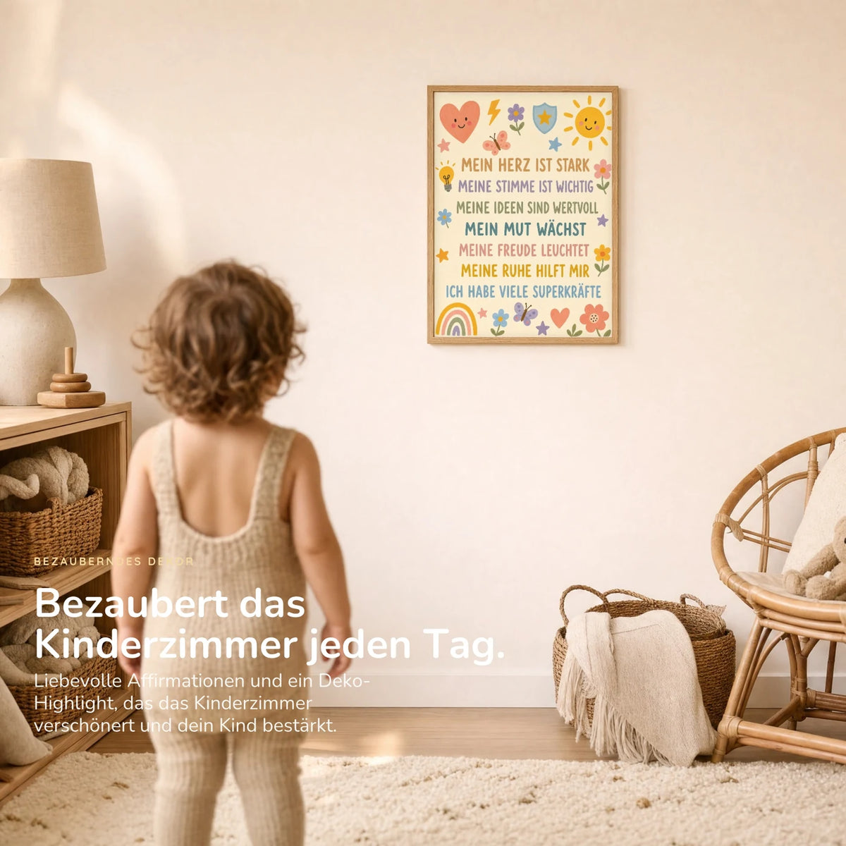 Kind vor dem Affirmationsposter „Blumenwiese Superkräfte“ an der Wand – Bilder fürs Kinderzimmer