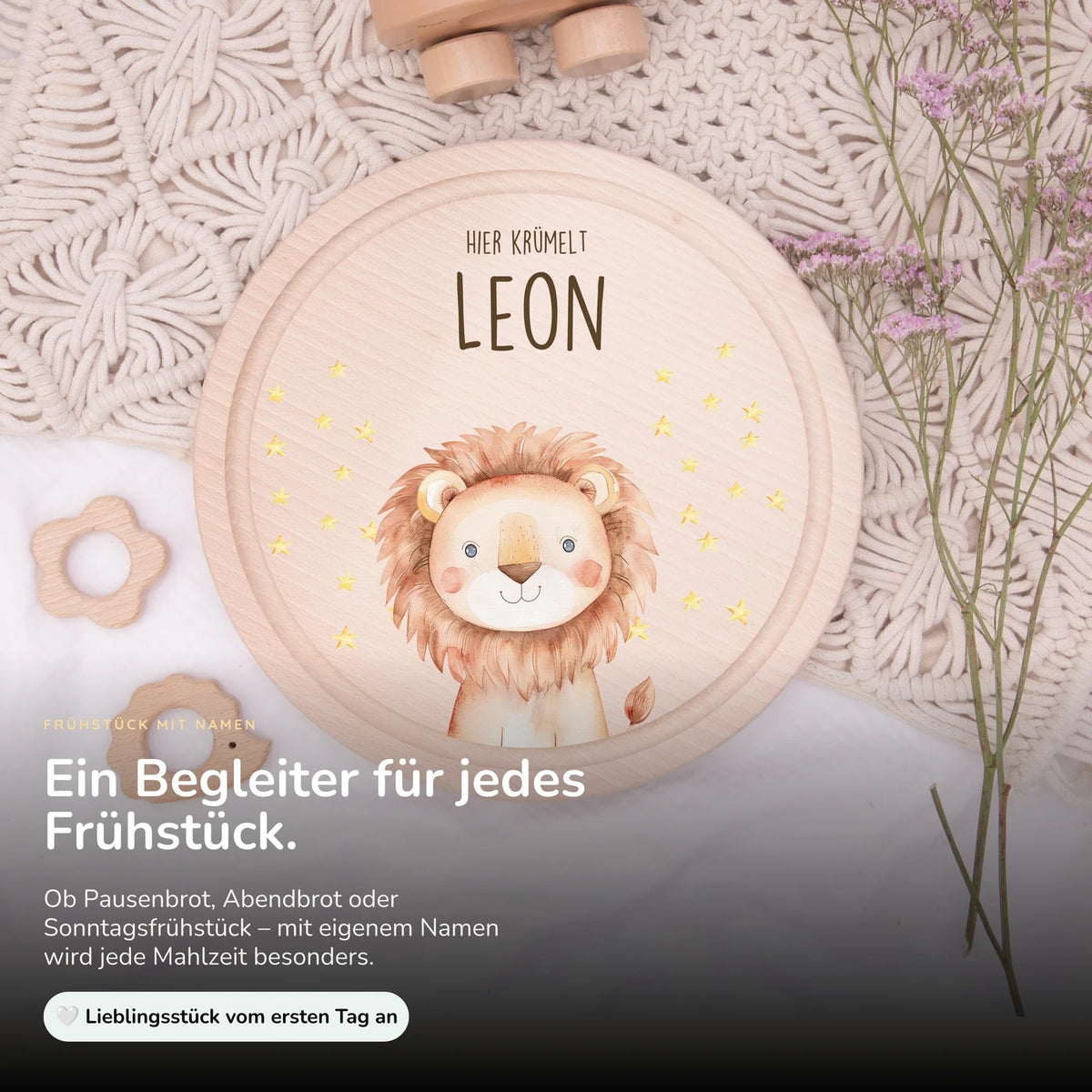 Rundes personalisiertes Frühstücksbrettchen Löwe mit Namen für Kinder