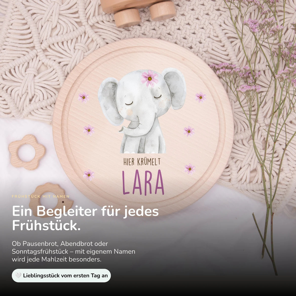 Rundes personalisiertes Frühstücksbrettchen Elefant Pünktchen mit Namen für Kinder