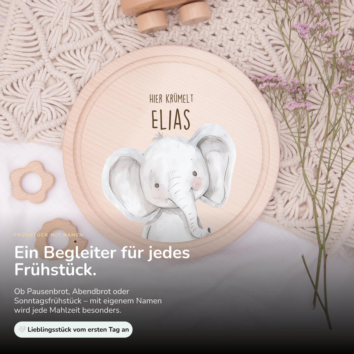 Rundes personalisiertes FrĂĽhstĂĽcksbrettchen Elefant mit Namen fĂĽr Kinder