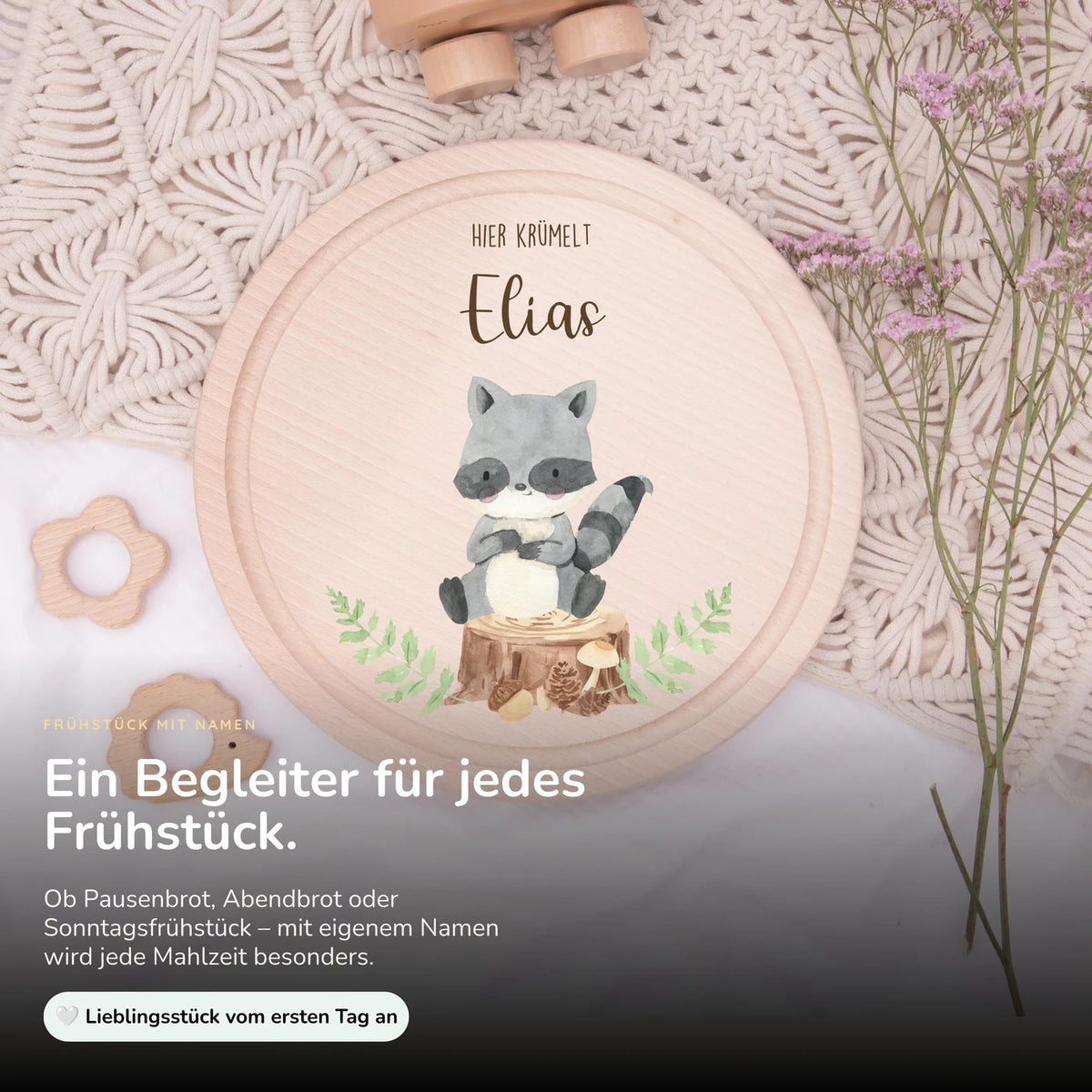 Rundes personalisiertes Frühstücksbrettchen Waschbär mit Namen für Kinder