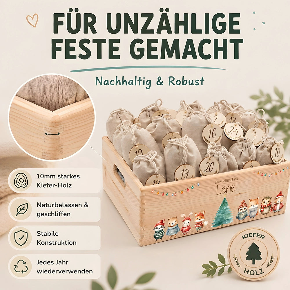 Adventskalender zum Befüllen "Weihnachten mit Tieren und Lichterkette" personalisiert