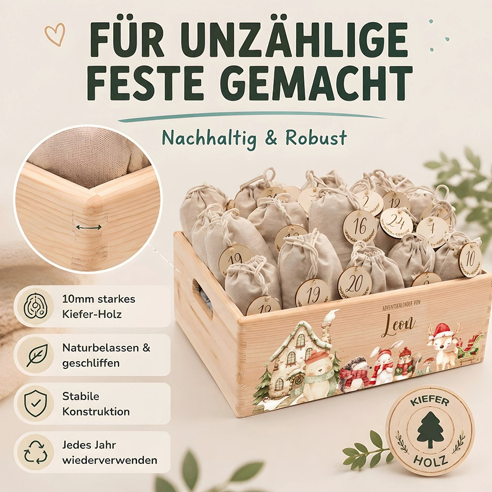 Adventskalender zum Befüllen "Winterdorf mit Tieren" personalisiert