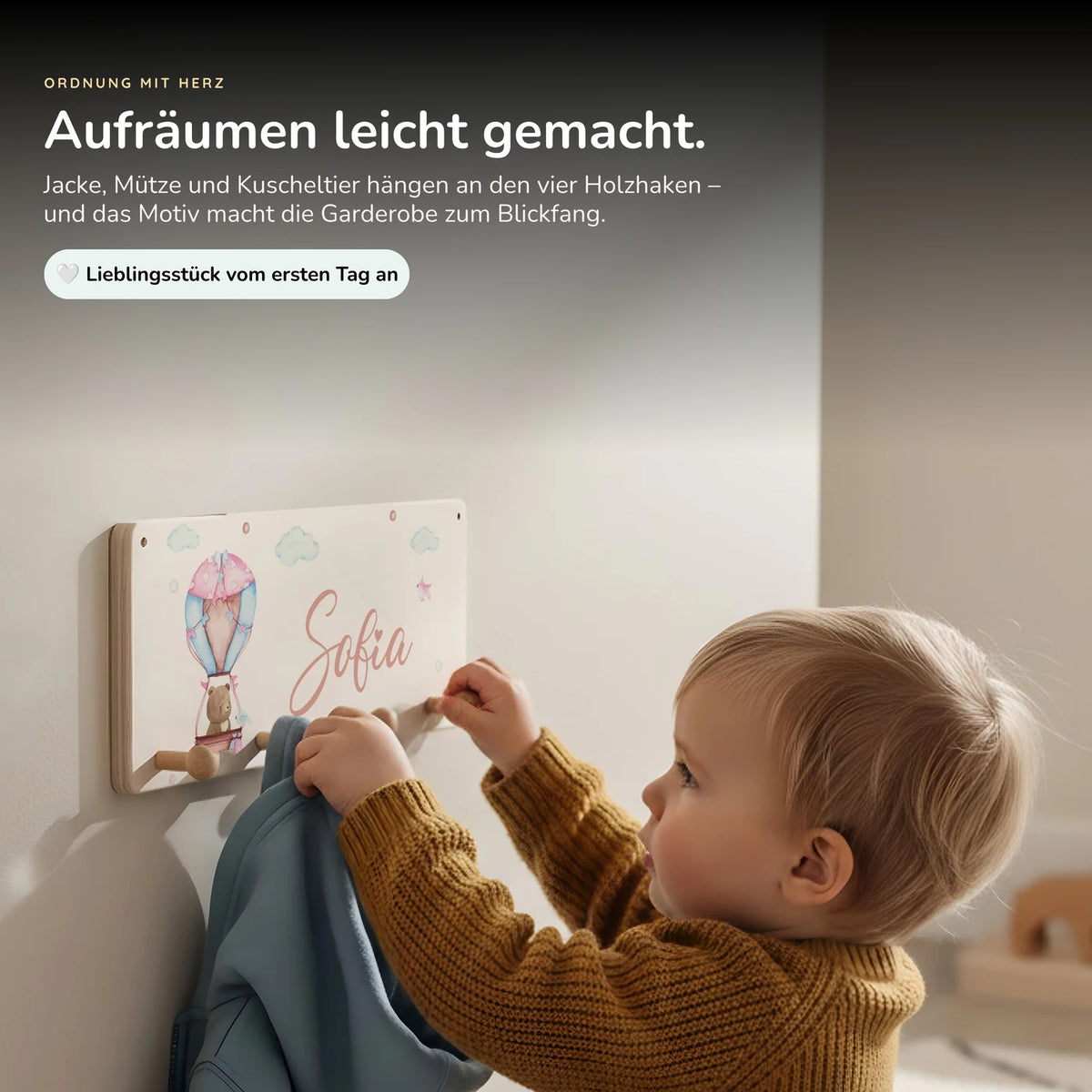 Kindergarderobe Holz personalisiert - Ballon Bär