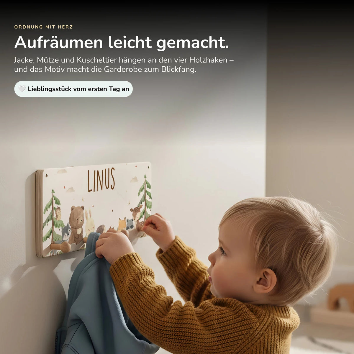 Kindergarderobe Holz personalisiert - Waldtiere