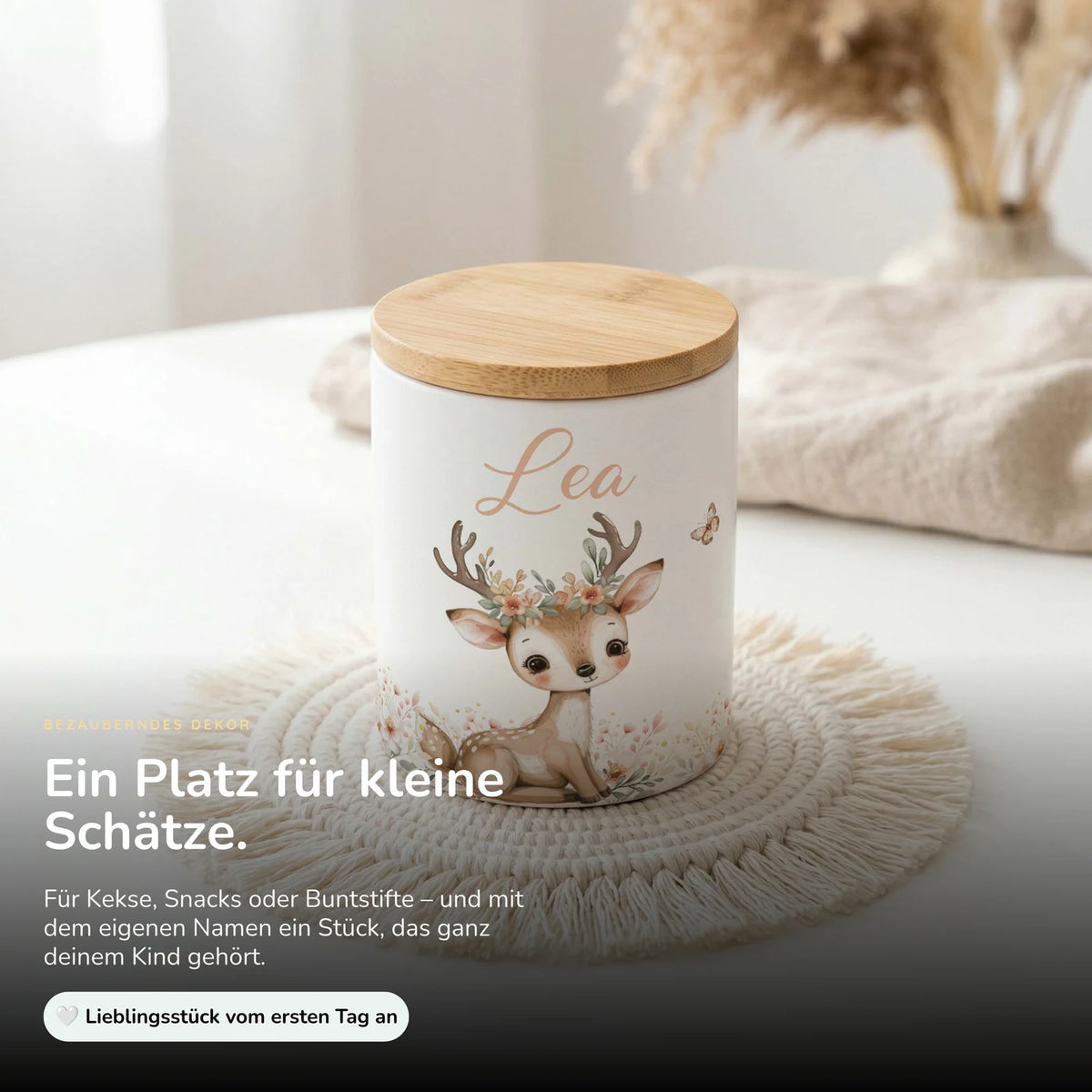 Personalisierte Keksdose Reh Blumenkranz – Keramik & Bambus mit Wunschname