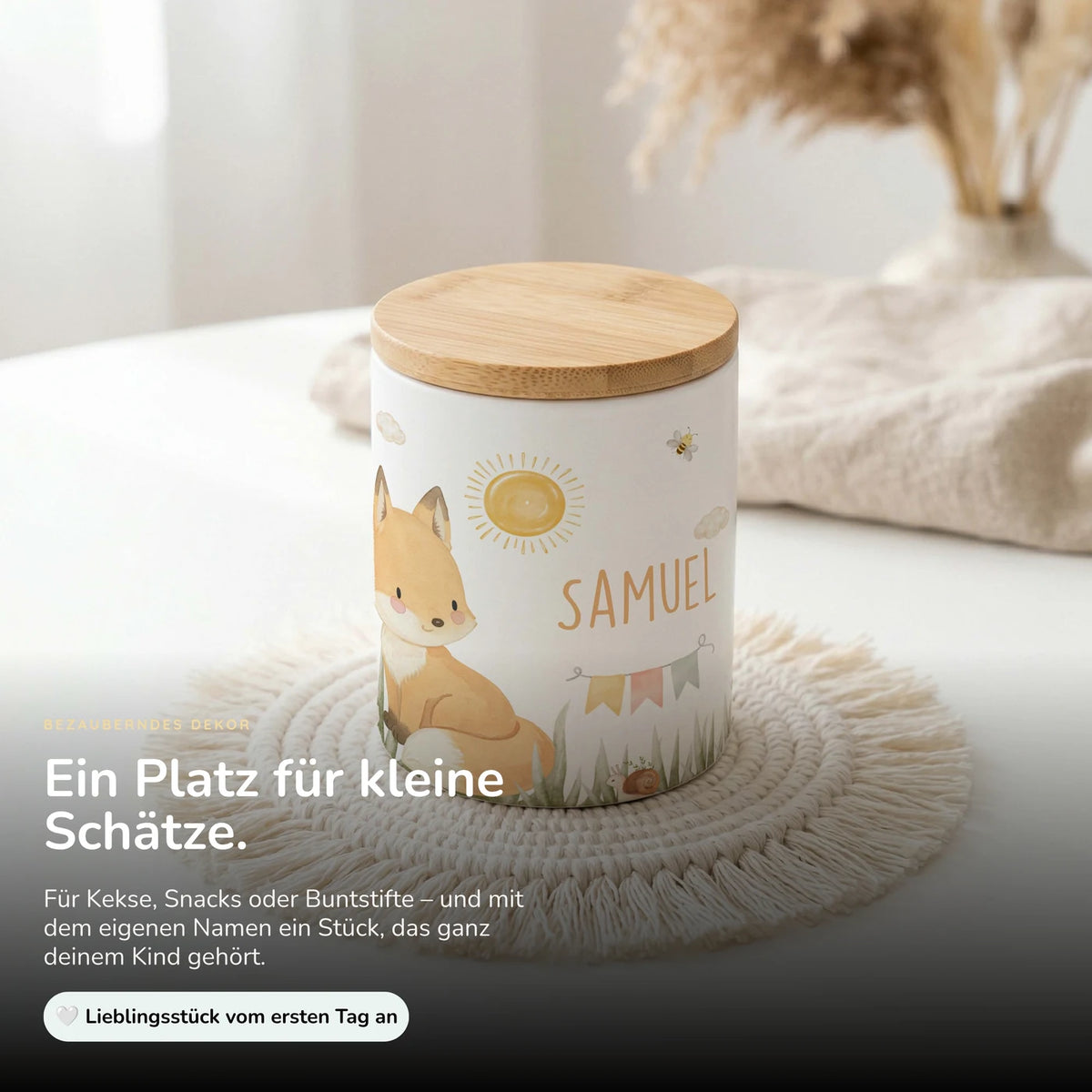 Personalisierte Keksdose Fuchs Sommer – Keramik & Bambus mit Wunschname