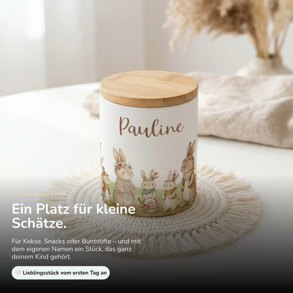Personalisierte Keksdose Boho-Hasen – Keramik & Bambus mit Wunschname