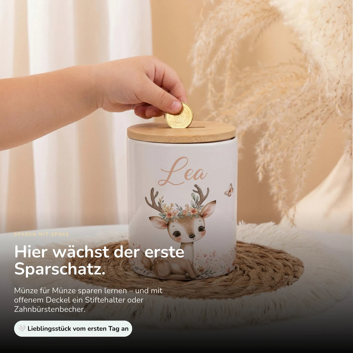 Personalisierte Spardose Reh Blumenkranz – Keramik & Bambus mit Wunschname