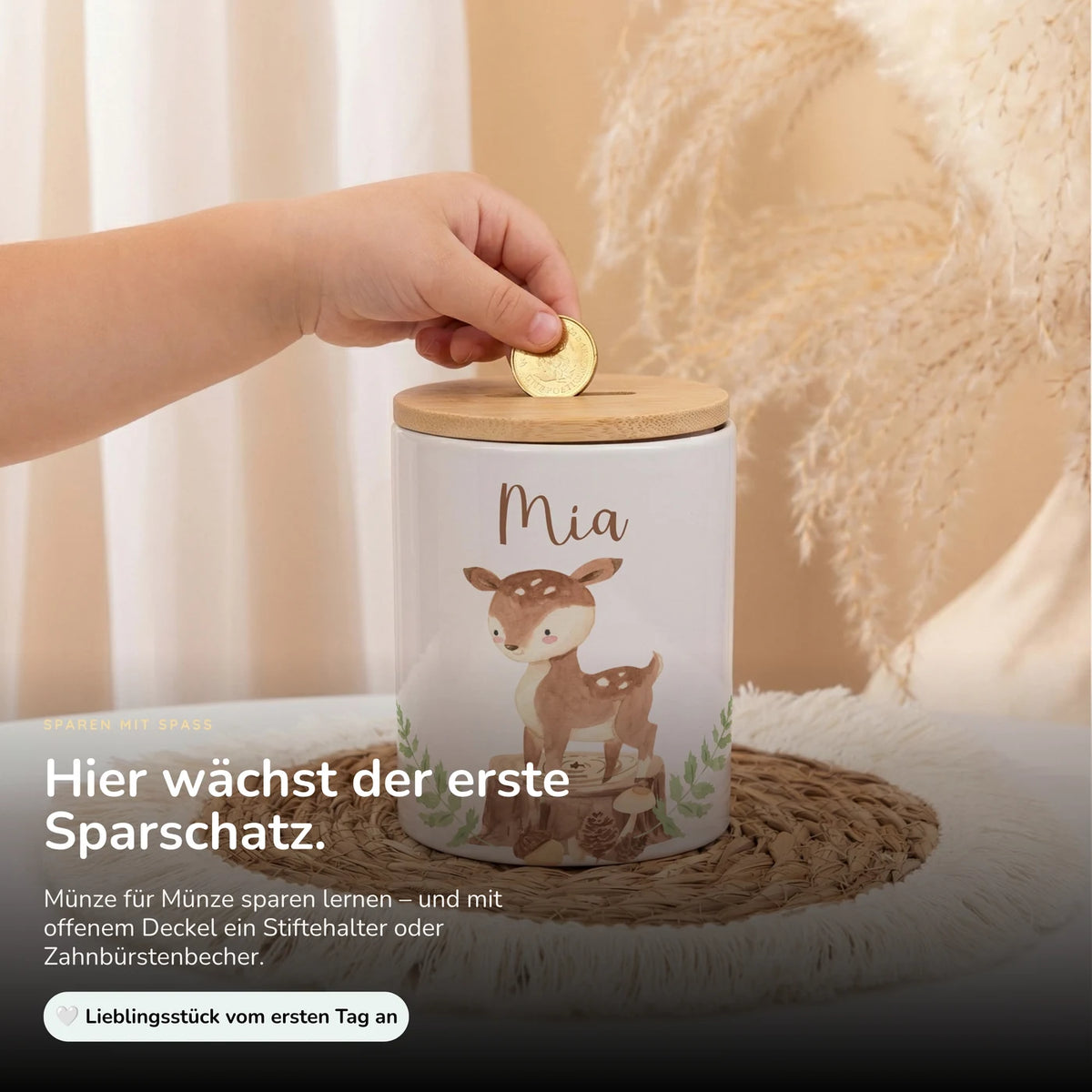 Personalisierte Spardose Rehkitz Wald – Keramik & Bambus mit Wunschname