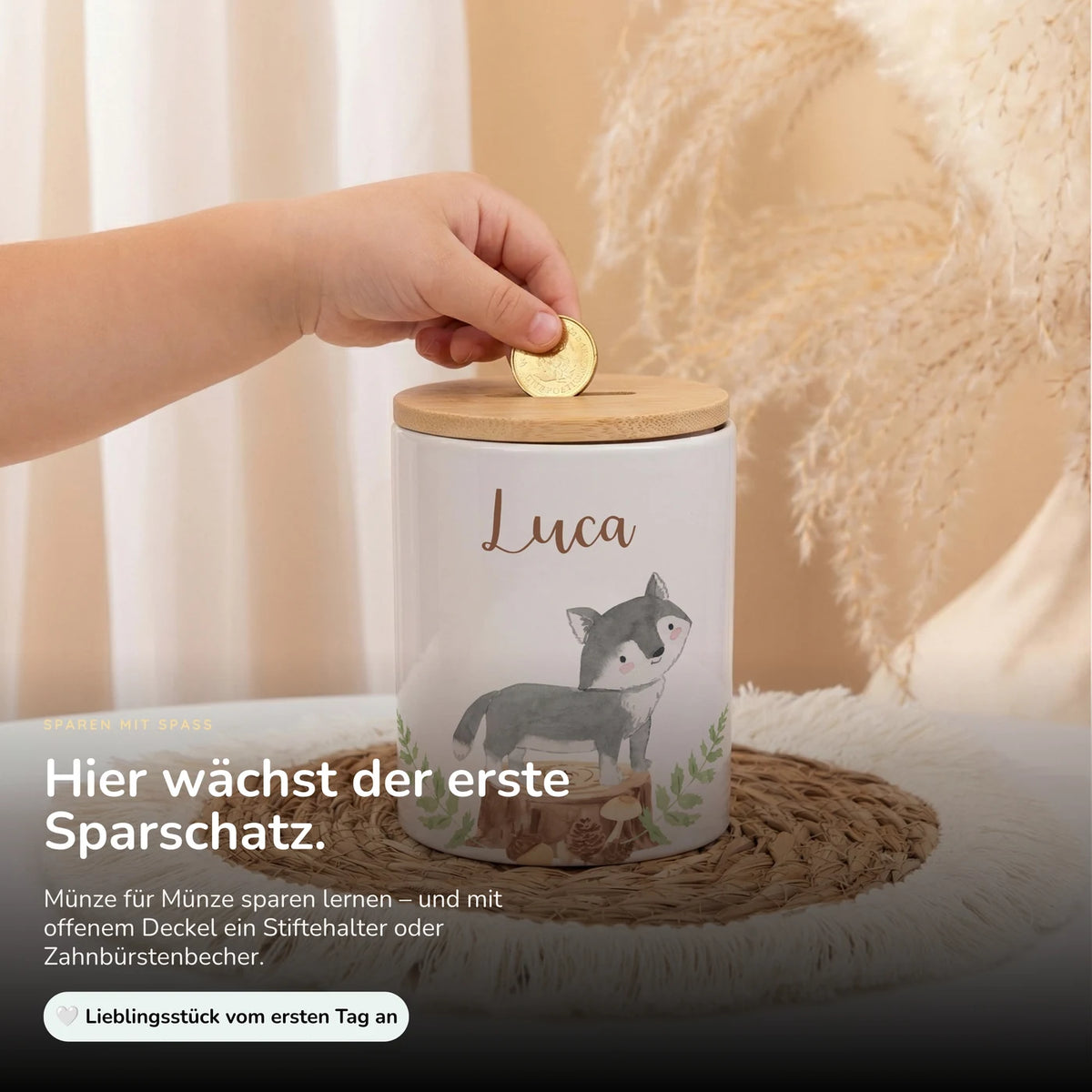 Personalisierte Spardose Wolf Wald – Keramik & Bambus mit Wunschname