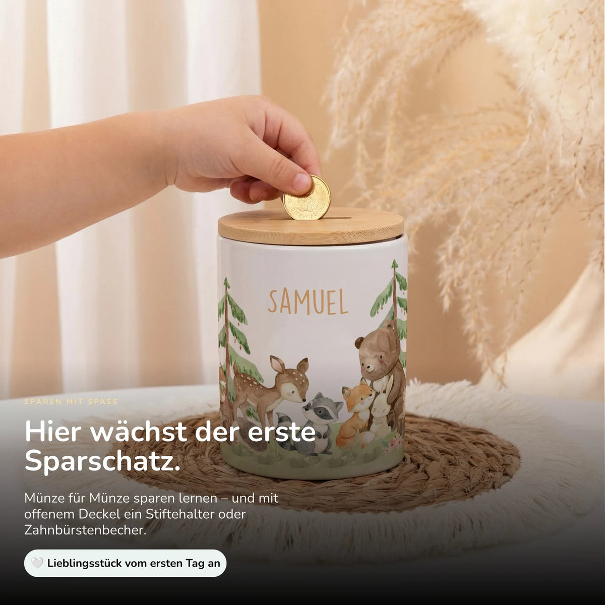 Personalisierte Spardose Waldfreunde III – Keramik & Bambus mit Wunschname