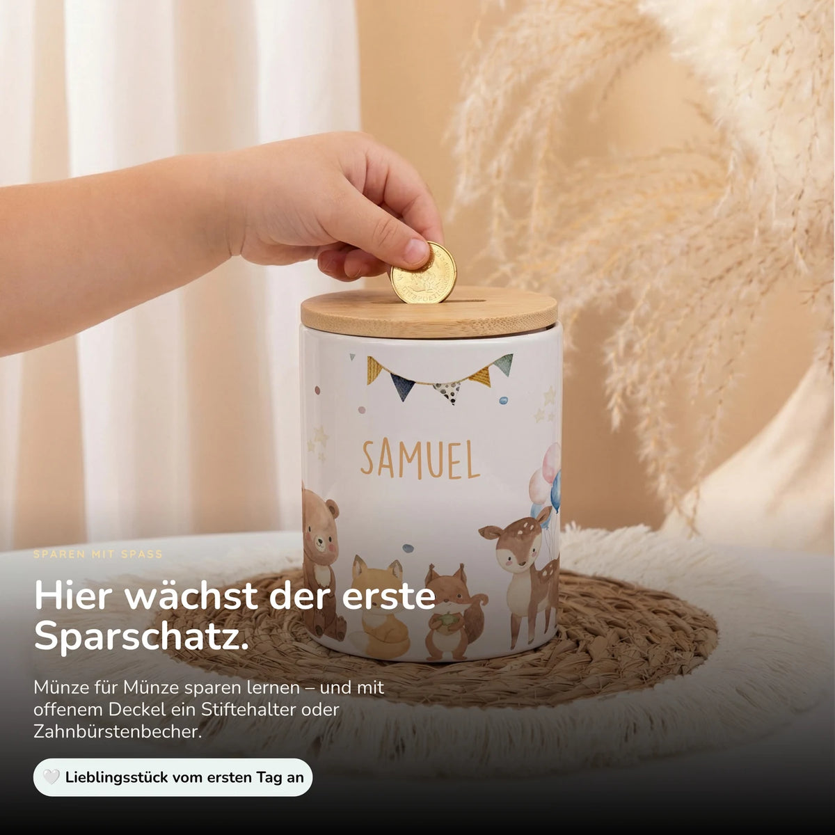 Personalisierte Spardose Waldtiere Party – Keramik & Bambus mit Wunschname